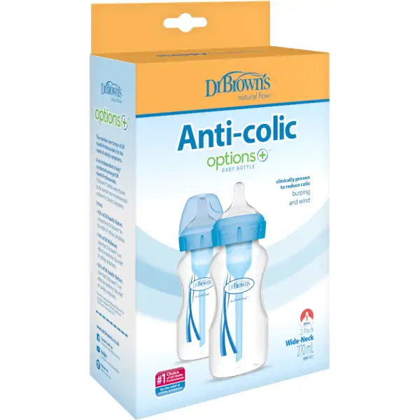 Pachet Biberoane din plastic, Anti-Colici Gat Larg "Options Plus" 270 ml. Albastru (2-Pack)